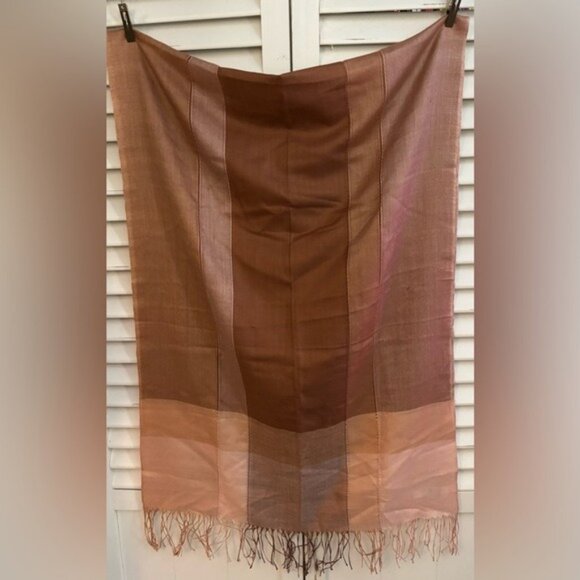 Silk-Like Brown & Beige Striped Scarf With Fringe By Si Li Da - Picture 1 of 6